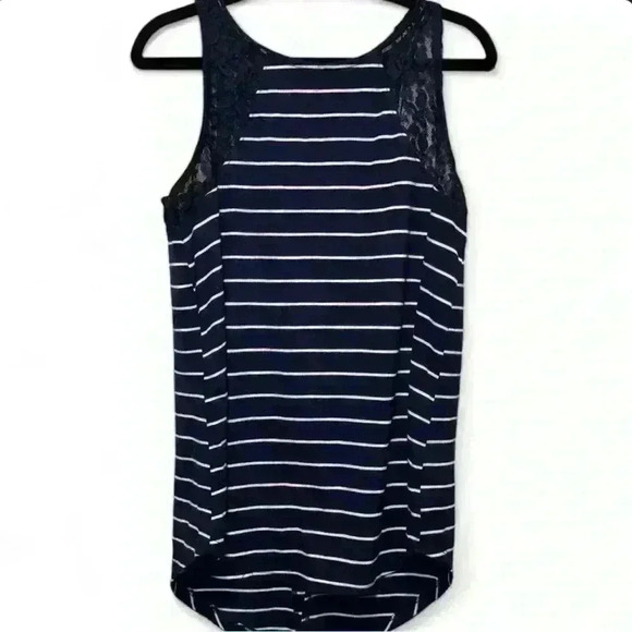 🌺 SO - Navy Blue/White Striped tank top with Lace top and split back- Jr’s Lg🌺 - Picture 1 of 6